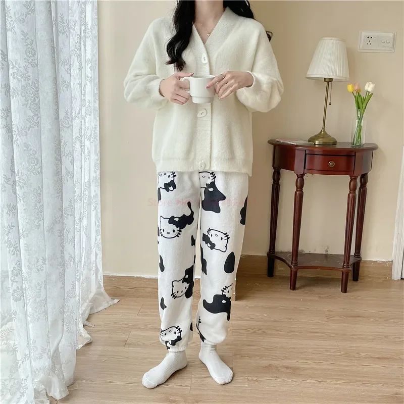 Christmas Sanrio Hello Kitty Pajamas Halloween Flannel Fashion Trouserswomen Kawaii Woolen Anime Cartoon Casual Home Pant Autumn