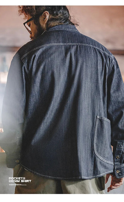 Maden Vintage Washed Pockets Denim Shirt for Men Casual Button Down Long Sleeve Shirt Male Loose Workwear Tops Large Pocket