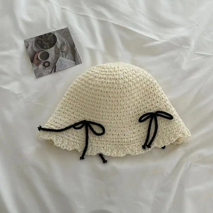 Chapéu de Sol Coreano com Laço de Primavera e Verão, Chapéu Bucket Doce da Moda, Chapéu de Sol Feminino de Palha de Cor Sólida de Malha Respirável para Exteriores