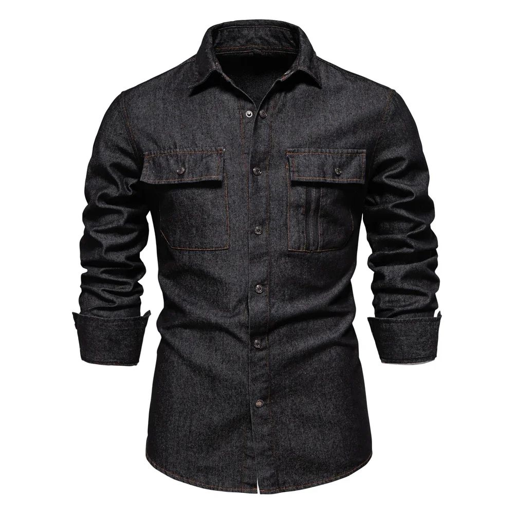 New Autumn 100% Cotton Men's Denim Shirts Solid Color Long Sleeve Cowboy Jean T-Shirt Coat Fashion Casual Fit Shirts for Men