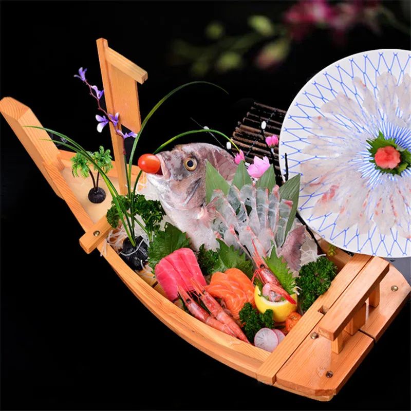 Barcos de Sushi Grande Culinária Japonesa de 40cm a 90cm Bandeja de Sashimi Variado Prato Frio Ferramenta para Frutos do Mar Madeira Restaurante Feito à Mão navio