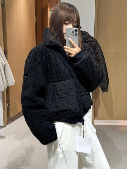 Loose Fit Long Sleeves Short Jacket High Street Zipper Winter Jacket Women Casual Fashion Warm Lamb Fleece Jackets for Women