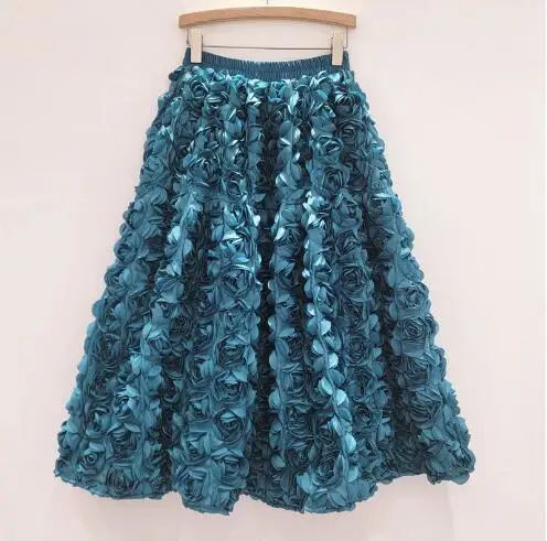 3D Flowers Women Skirts Autumn Winter Solid A-line Vintage Faldas Mujer Korean Fashion Hyperbole Elegant Long Skirt JJ1746