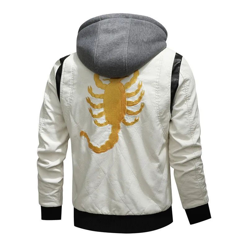Men Winter Driving Leather Jacket Men Scorpion Embroidered Hooded Jacket PU Leather Motorcycle Jacket