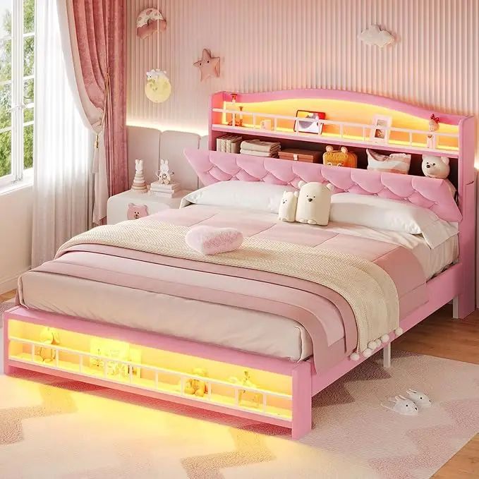Nova Cama Queen Size Menina com Luzes de LED e Estação de Carregamento, Estrutura de Cama Queen Size de Princesa com Cabeceira com Armazenamento Oculto