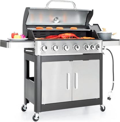 4-Burner Propane Gas BBQ Grill with Side Burner & Porcelain-Enameled Cast Iron Grates,Patio Backyard Barbecue