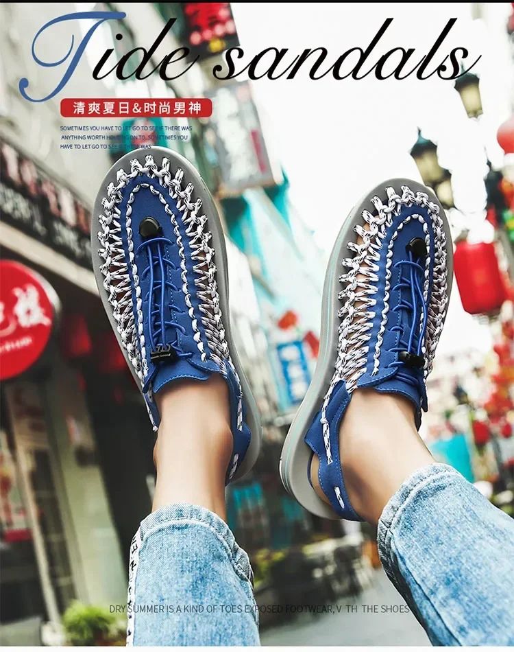 Summer Men Sandals Women Slippers Weaving Design Beach Sandals Breathable Casual Flat Sandals Outdoor Couples Sandals Size 48