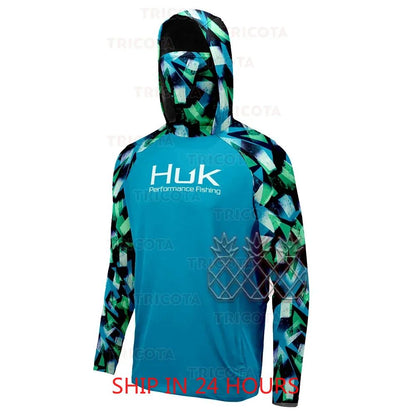 Camisas HUK Fishing Hoodies com Capuz Máscara Protetora para Pesca Roupas de Pesca Masculinas Manga Longa Respirável Proteção UV UPF50+ Camisetas de Pesca