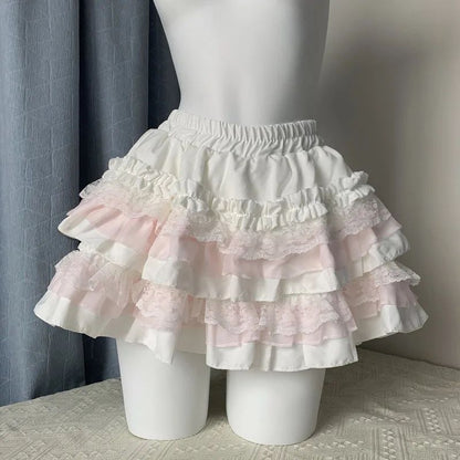 Pink Lace Puffy Skirt Women's Sweet High Waist A- Line Mini Skirt Ballet Style Short Skirt Anti-Light Walking Slimming Effect