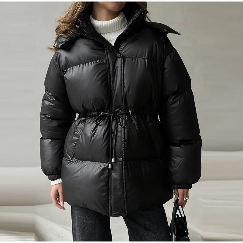 Glossy Shiny Women 's Down Jackets Vintage Hooded Zipper Puffer Full Sleeve Jackets For Woman 2025 Woman Winter Coats Outwears