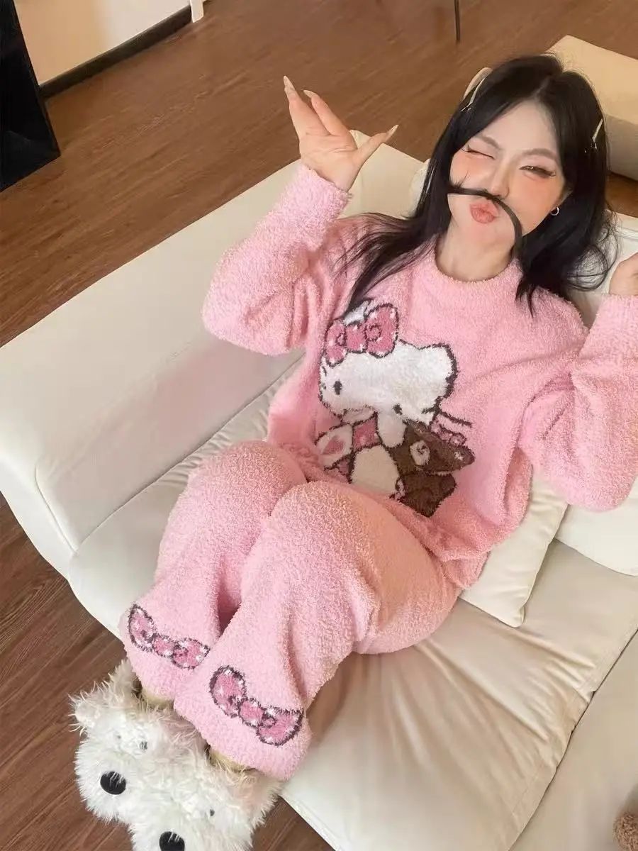 Hello Kitty Women's 2025 Kawaii Brushed Fleece Pajama Set Fall Winter Plush Thermal Cozy Sleepwear & Home Loungewear