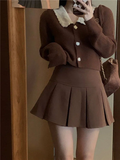 Vintage Brown Pleated Skirt Women Spring Summer Korean Style Y2K High Waisted A-line Mini Skirts Preppy Style Girls Causal