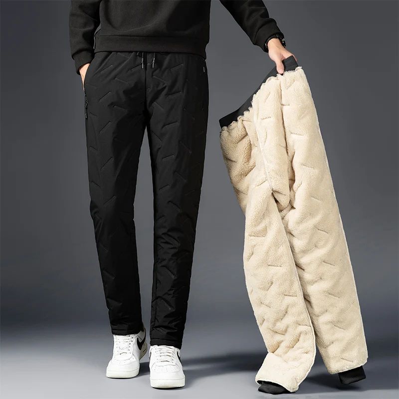 Outdoor Men Thick Fleece Baggy Pants Sherpa Lined Waterproof Sweatpants Windproof Casual Pants Lambswool Warm Active Trousers