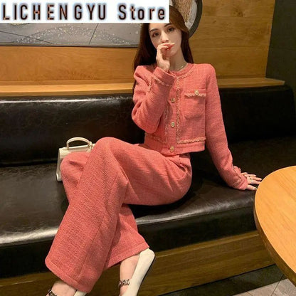 New  High Quality Women's Spring Temperament Slim Senior Sense of Small Dress Ladies Wide Leg Pants Two-piece Set