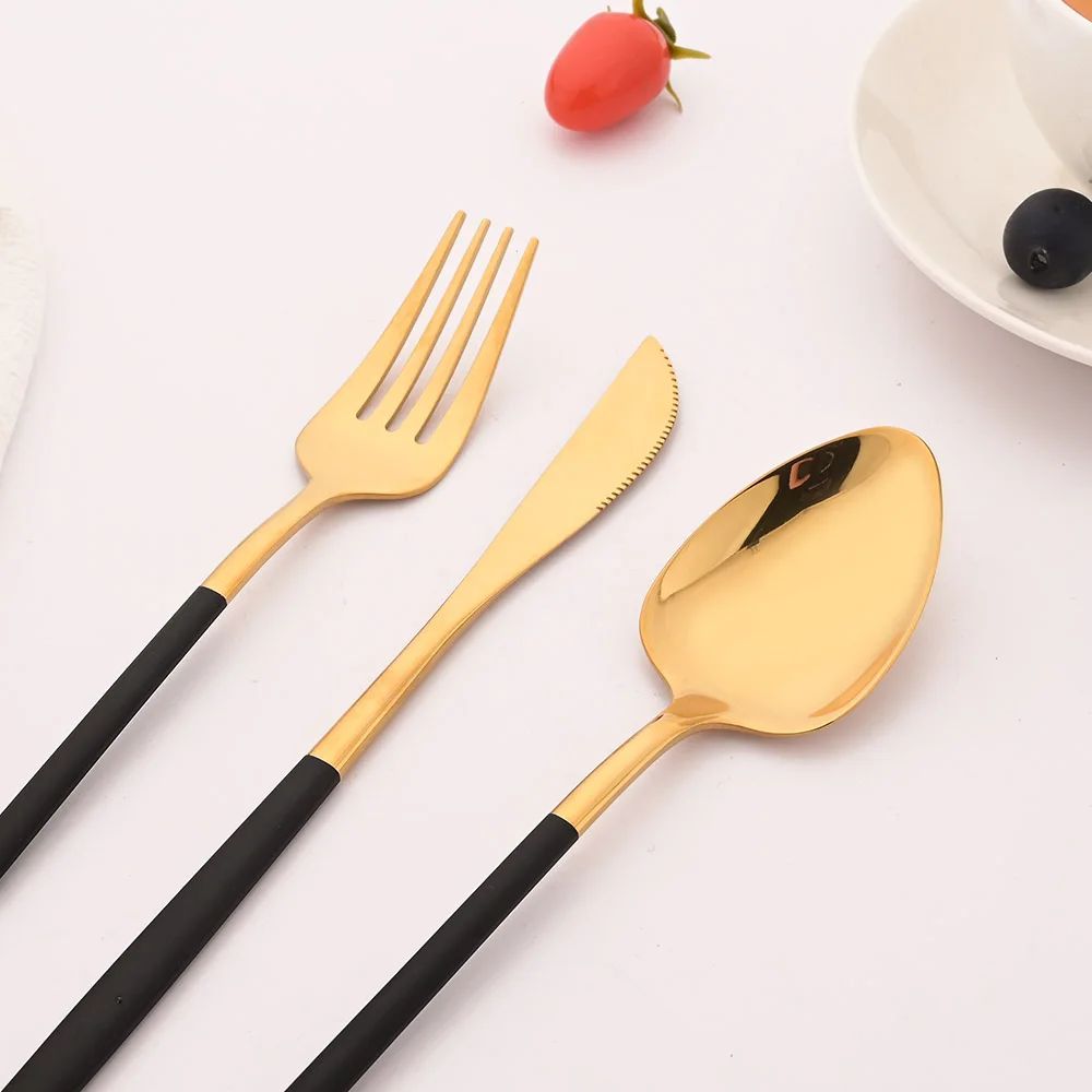 4Pcs Black Gold Dinnerware Tableware Set Mirror Stainless Steel Cutlery Kitchen Knife Fork Spoon Restaurant Wedding Flatware Set