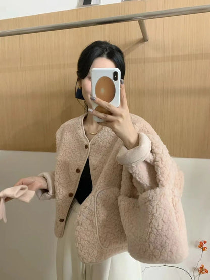 Korean Chic round Neck Single Button Loose Lamb Fur Jacket Winter Elegant Fashion Small Size with Bag Matching Women's Coat