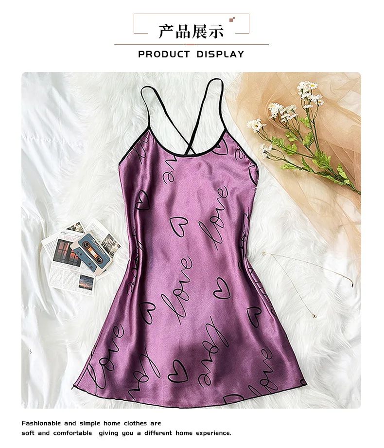 Heart Print Cross Tie Straps Satin Fabric Pajamas Sets Nightdress Casual Round Neck Strap Sleep Dress Women's Sleepwear Dresses