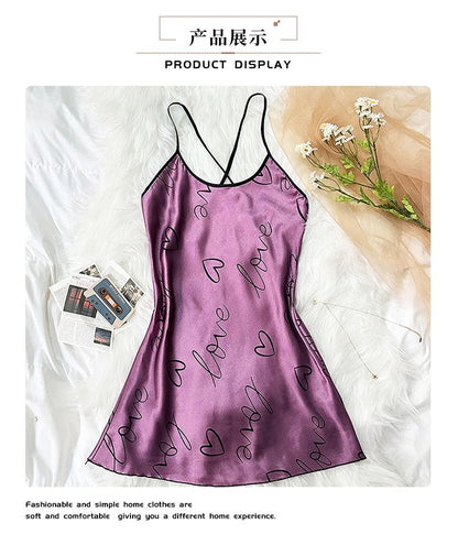 Heart Print Cross Tie Straps Satin Fabric Pajamas Sets Nightdress Casual Round Neck Strap Sleep Dress Women's Sleepwear Dresses