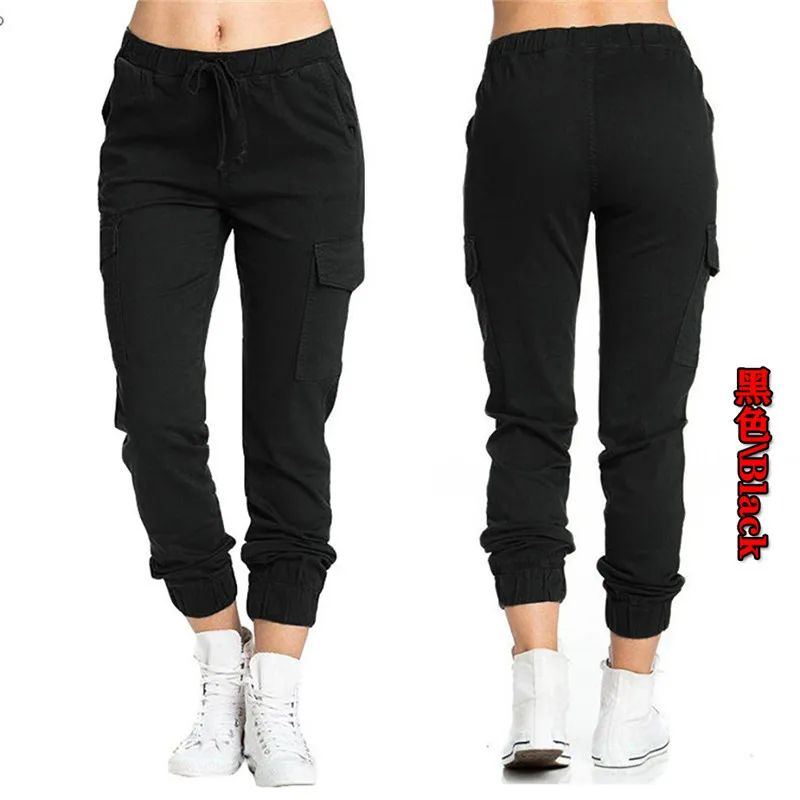 2022 New Solid Jogger Women's Cargo Pants Multi-Pocket Drawstring Elastic Waist Women Sports Pants Streetwear Casual Long Pant