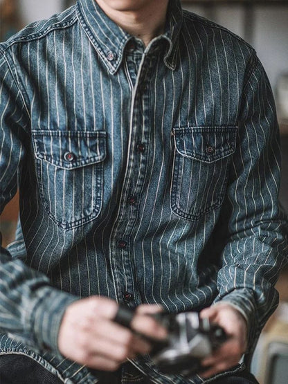 Streetwear Men's Denim Shirts Casual Long Sleeve Buttoned Lapel Striped Blouse Shirt for Men Spring Casual Cargo Shirt Tops