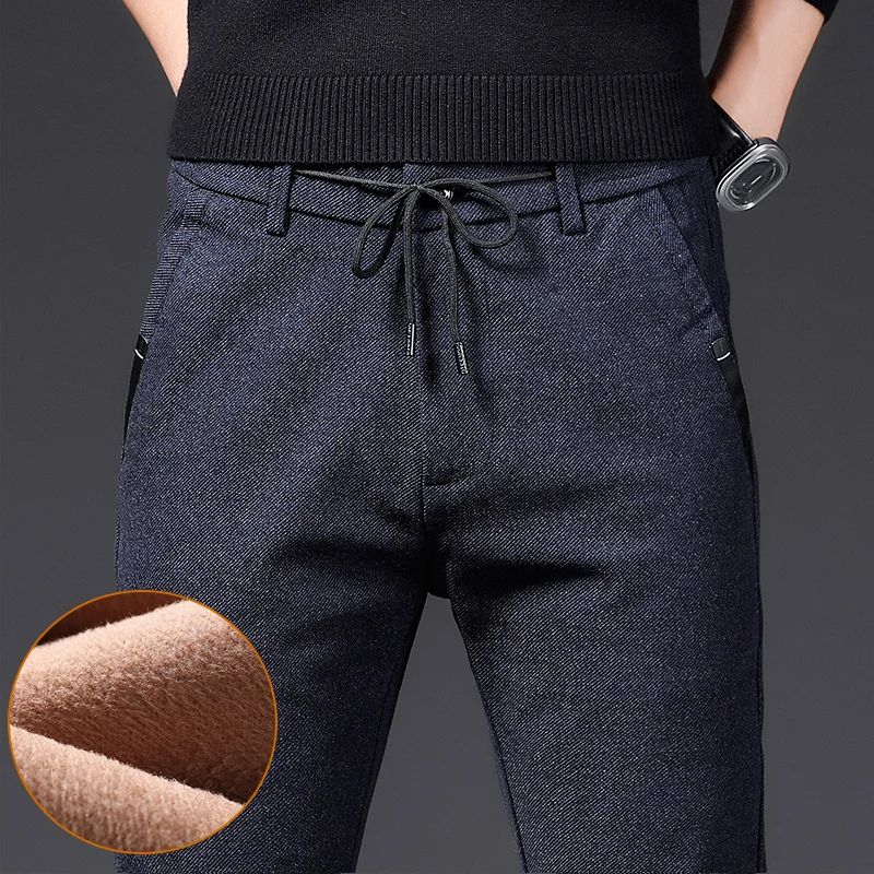 Winter Plush Trousers Men Business Fleece Pants Fashion Warm Drawstring Velvet Thick Casual Stretch Male Clothes 28-29