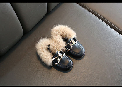 Kids Fur Shoes Children Velvet Shoes Baby Girls Warm Flats Toddler Black Brand Shoes Princess Loafer Chain Moccasin For Winter