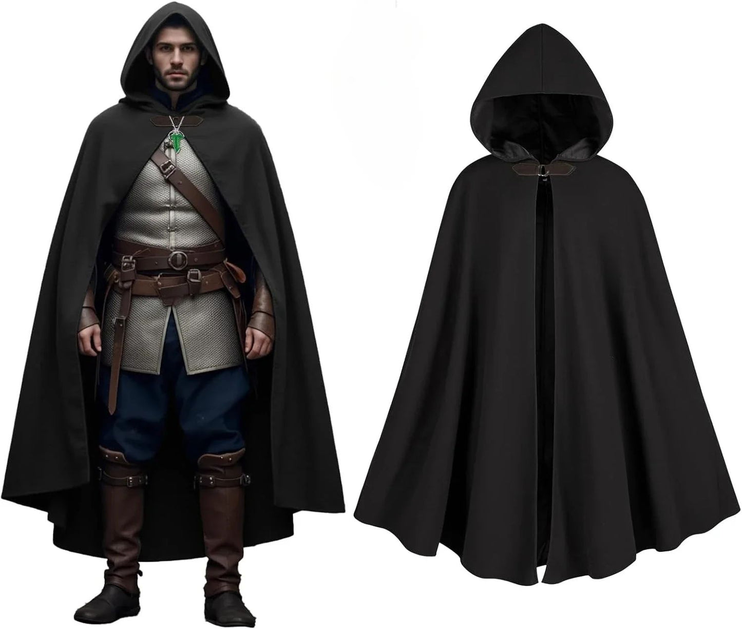 Cloak with Hood Men?Medieval Costume Men Round Metal Buckle Cloak with Green Leaf Brooch Necklace for Halloween