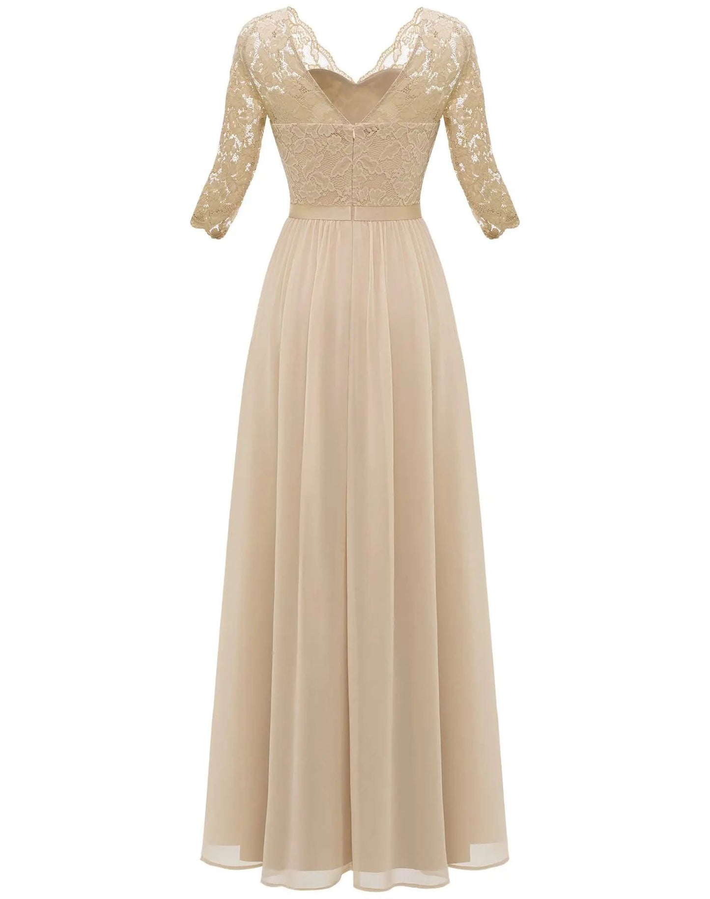 New 6-Color 5-Size Lace Splicing Long Waist-Cinching Elegant Dress Floor-Length V-Neck Polyester Fiber Evening Gown Dress