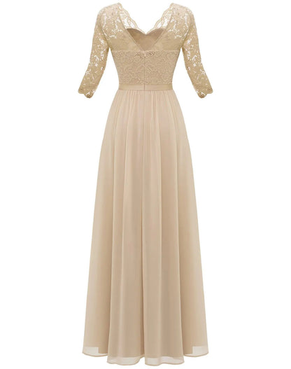 New 6-Color 5-Size Lace Splicing Long Waist-Cinching Elegant Dress Floor-Length V-Neck Polyester Fiber Evening Gown Dress