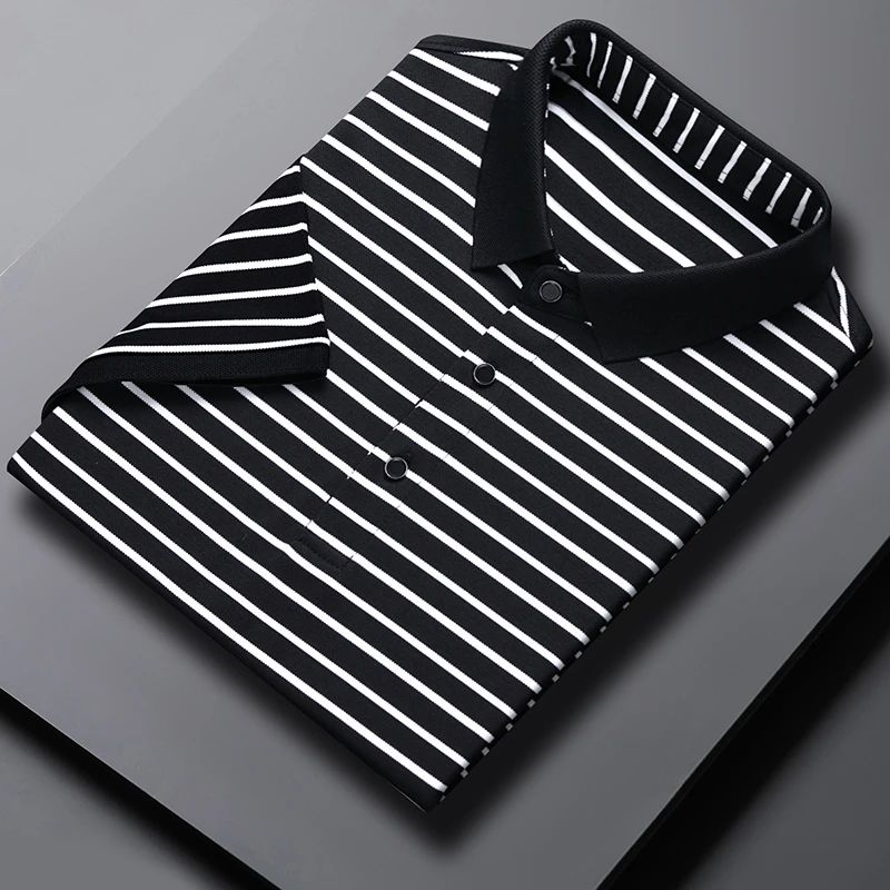 2024 Men's New Striped Cotton Business Casual Short Sleeved POLO Shirt Fashion Short Sleeved Comfortable and Breathable Top