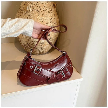 Red Vintage Shoulder Bag Y2K Belt Design PU Leather Underarm Bags for Women Trend Hot Cool Girl Crossbody Bag Punk Style Handbag