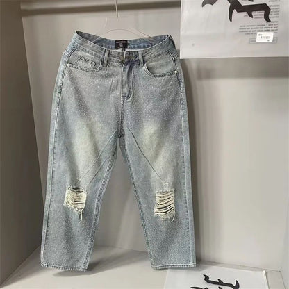 Calça Jeans Masculina Blue Washed MIXED EMOTION Hot Drill Letter Retrô Americana Calça Jeans Feminina Mixed Emotion