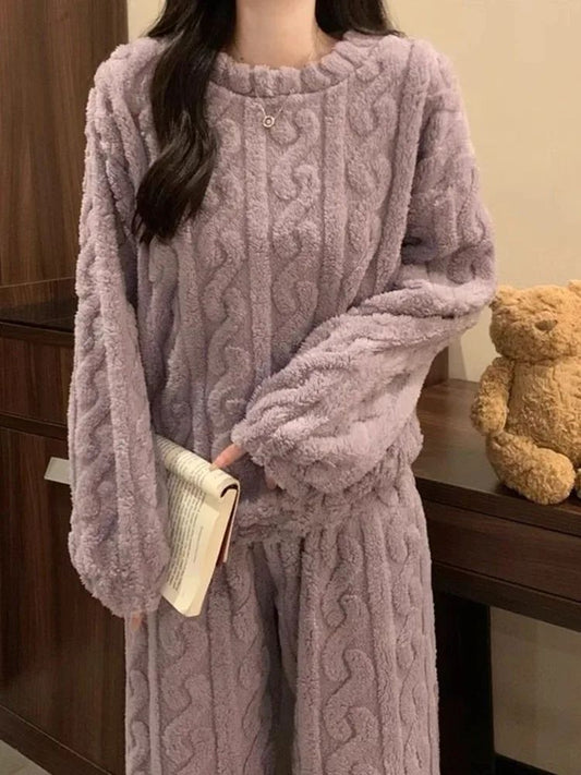 2024 Solid Color Coral Fleece O-neck Women Pajama Sets Long Sleeve Plush 2 Piece Sets Fashion Comfortable Ribbed Cozy Sleepwear