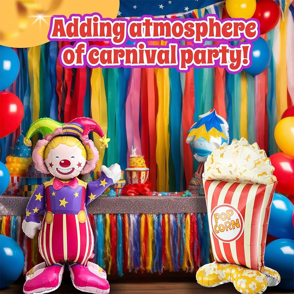 Giant Standing Popcorn Balloon Smiling Clown Foil Balloon for Circus Carnival Theme Party Birthday Christmas Decoration Supplies