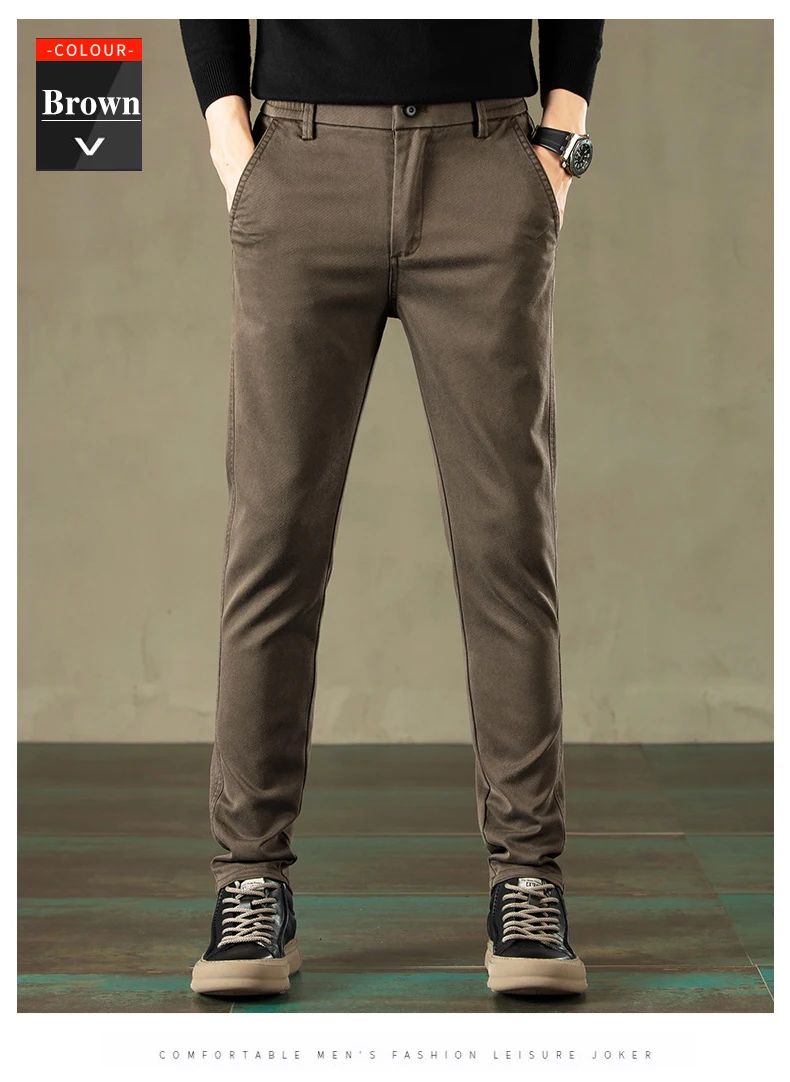 2024 Primavera Novas Calças Casuais Masculinas Marca de Roupas Negócios Cintura Elástica Grossa Clássica Slim Calça Masculina Preto Cinza Marrom