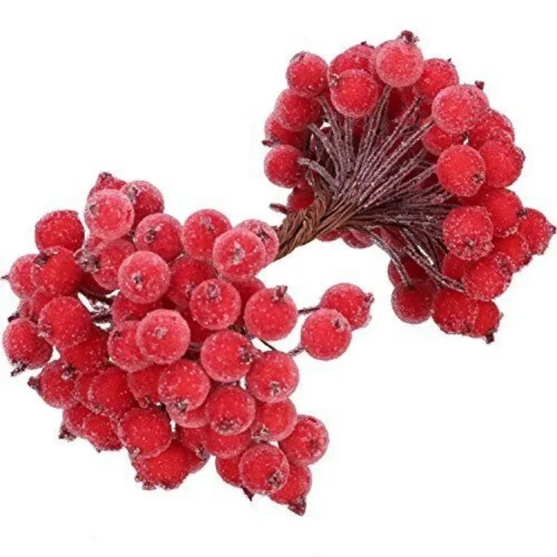 Wholesale Artificial Frosted Berry Mini Double Head Christmas Holly Red Gold Silver Berries Flowers Wreath Xmas Party Decoration