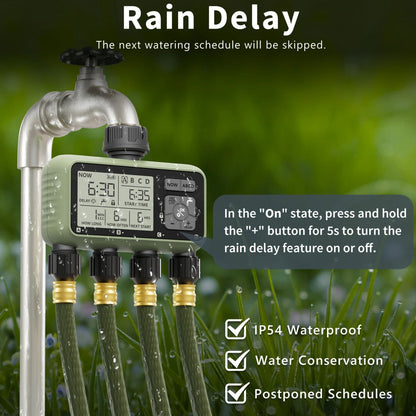 Diivoo Water Timer 4 Zone Garden Programmable Automatic Irrigation Timer with Rain Delay Manual/Auto Mode Watering for Lawn Yard