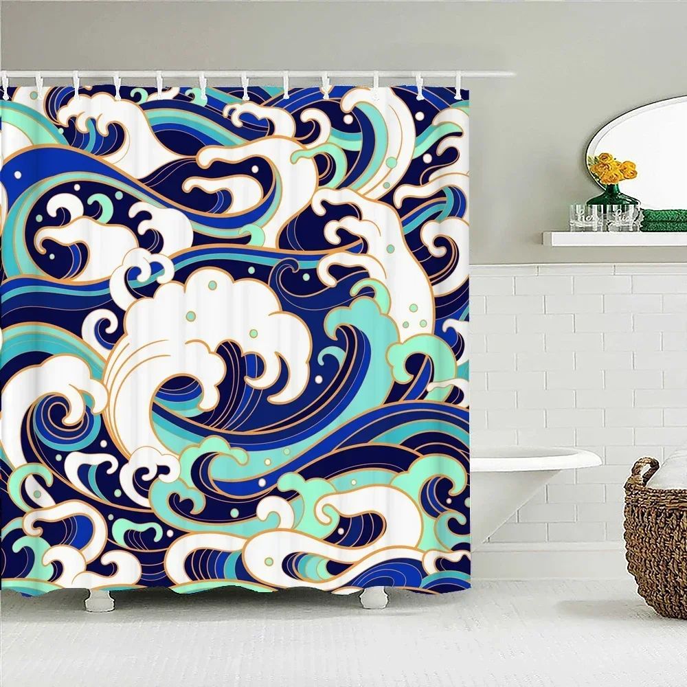 Japanese-style Waves Printing Shower Curtain with Hooks Home Decoration Bathroom Curtains 180x180cm Waterproof Polyester Fabric