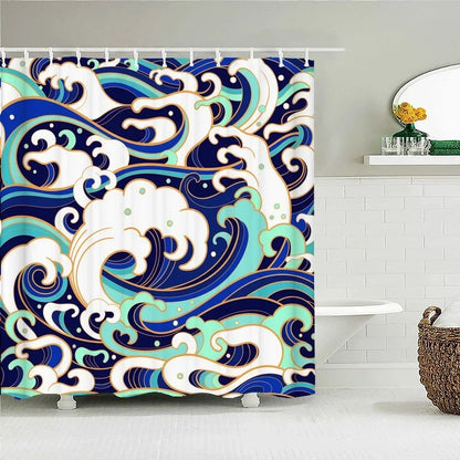 Japanese-style Waves Printing Shower Curtain with Hooks Home Decoration Bathroom Curtains 180x180cm Waterproof Polyester Fabric