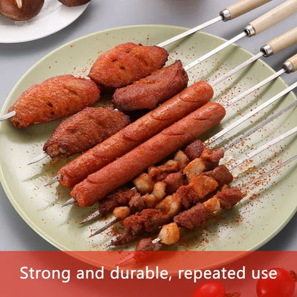 New Wooden handle anti-scalding barbecue skewers can be reused 304 stainless steel metal barbecue skewers wide skewers