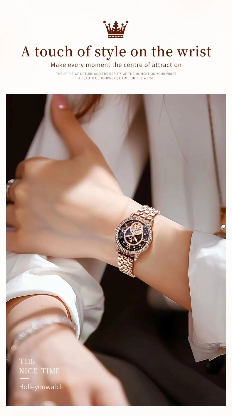 OLEVS Hollow Women's Watch Fully Automatic Mechanical Watch Luxury Diamond Inlaid Starry Sky Elegant Women's Brand Watch  7036