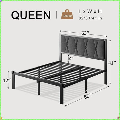 Estrutura de Cama Queen de Metal Cinza Escuro, Cabeceira Estofada e 30cm de Armazenamento sob a Cama - Plataforma sem Ruído