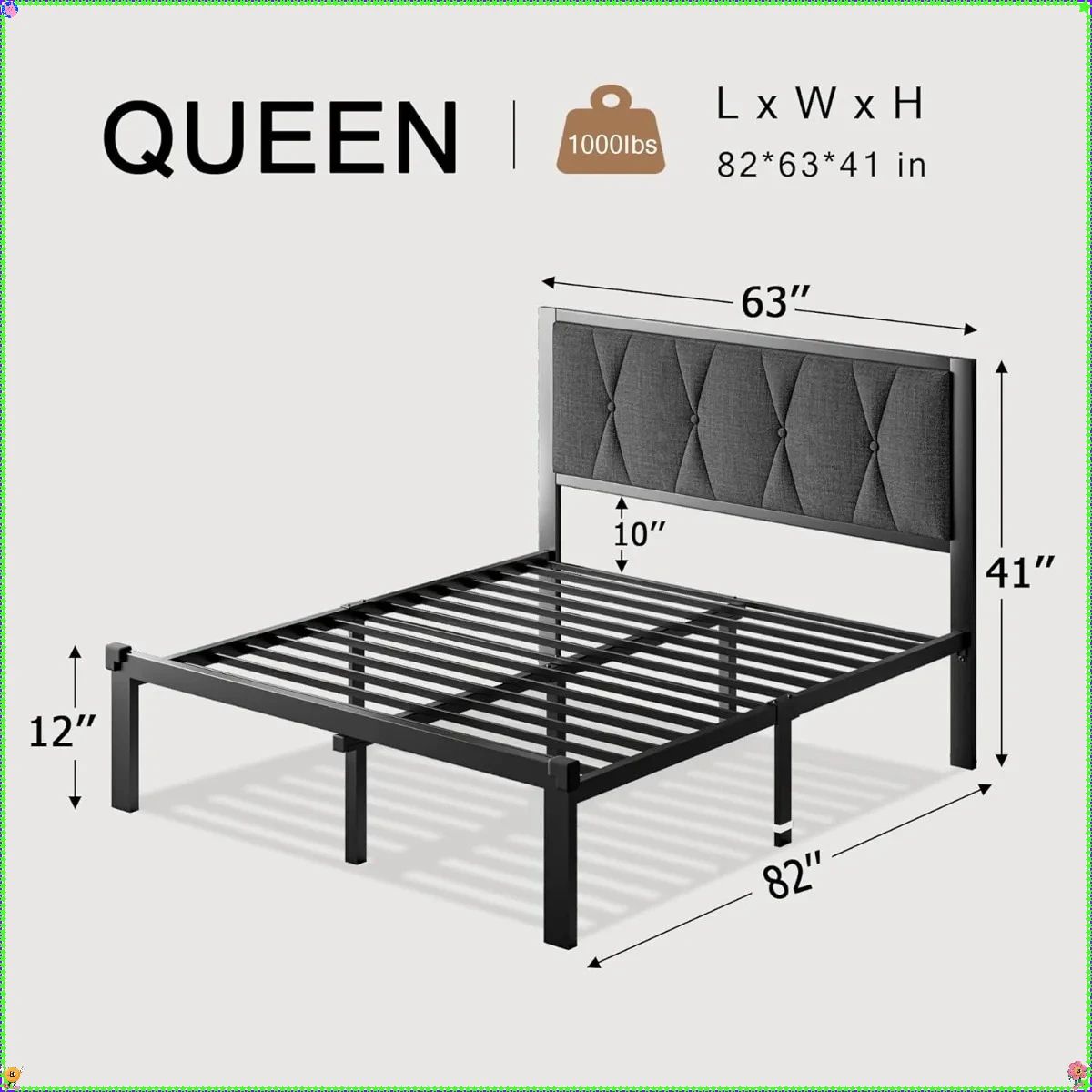 Estrutura de Cama Queen de Metal Cinza Escuro, Cabeceira Estofada e 30cm de Armazenamento sob a Cama - Plataforma sem Ruído