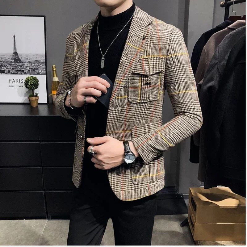 Spring plaid men's jacket British style wedding host business casual suit jacket men's formal  mens blazer Slim fit jacket