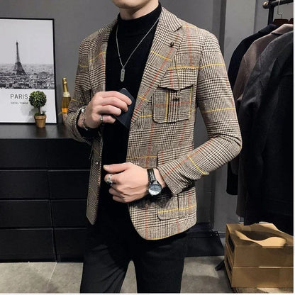 Spring plaid men's jacket British style wedding host business casual suit jacket men's formal  mens blazer Slim fit jacket