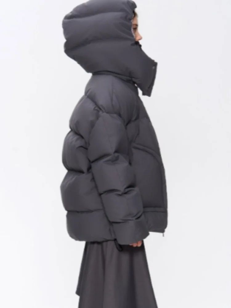 Detachable Hooded Padded Jackets Women's Loose Full Sleeves Zipper Pockets Stand Collar Coats 2025 Autumn Winter Female Outwear