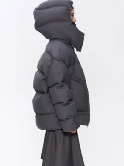 Detachable Hooded Padded Jackets Women's Loose Full Sleeves Zipper Pockets Stand Collar Coats 2025 Autumn Winter Female Outwear