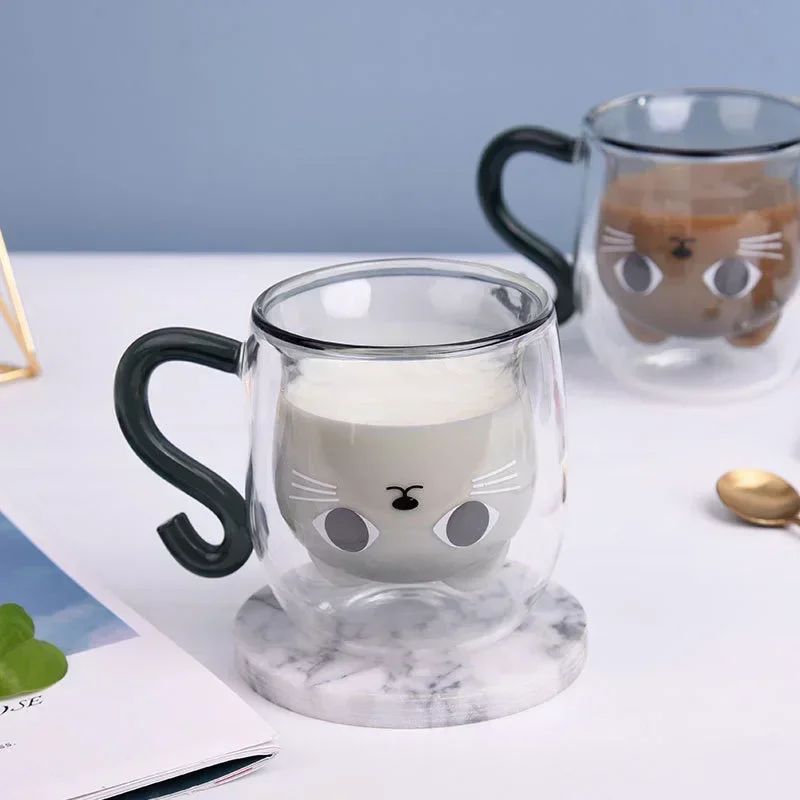 Copo de Vidro de Parede Dupla Gato Criativo 250ml com Alça Copo de Café Fofo Caneca Resistente ao Calor Utensílio de Cozinha para Escritório