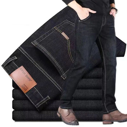 2025 Autumn Classic Men's Fitted Stretch Jeans Business Casual Cotton Denim Straight Leg Pants Male Black Blue Trousers