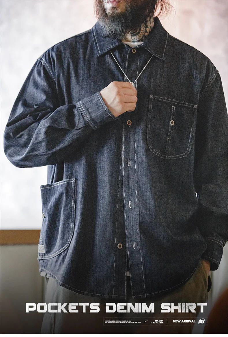 Maden Vintage Washed Pockets Denim Shirt for Men Casual Button Down Long Sleeve Shirt Male Loose Workwear Tops Large Pocket